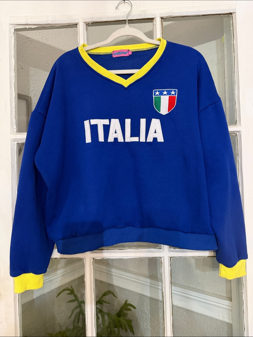 Edikted Italia Blue V-Neck Pullover Sweater with Yellow Trim